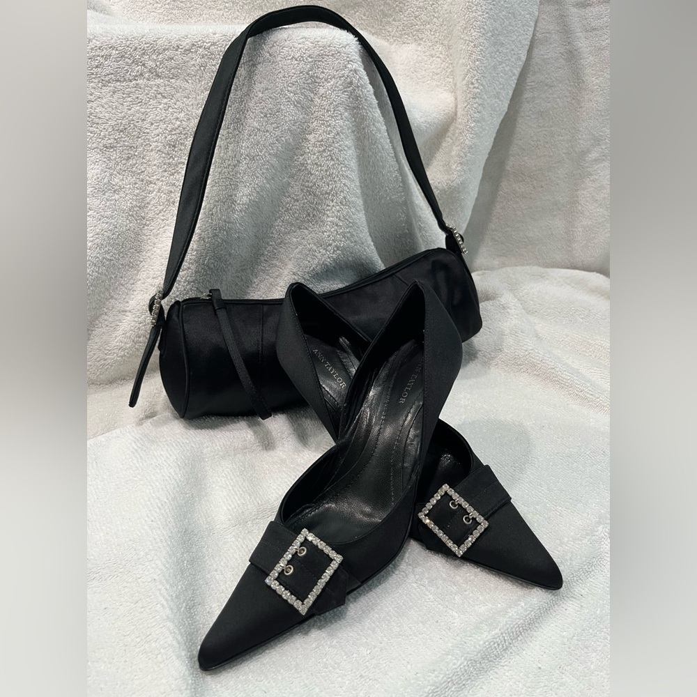 Ann Taylor Black Satin Heels with Rhinestone Buckles and Matching Clutch